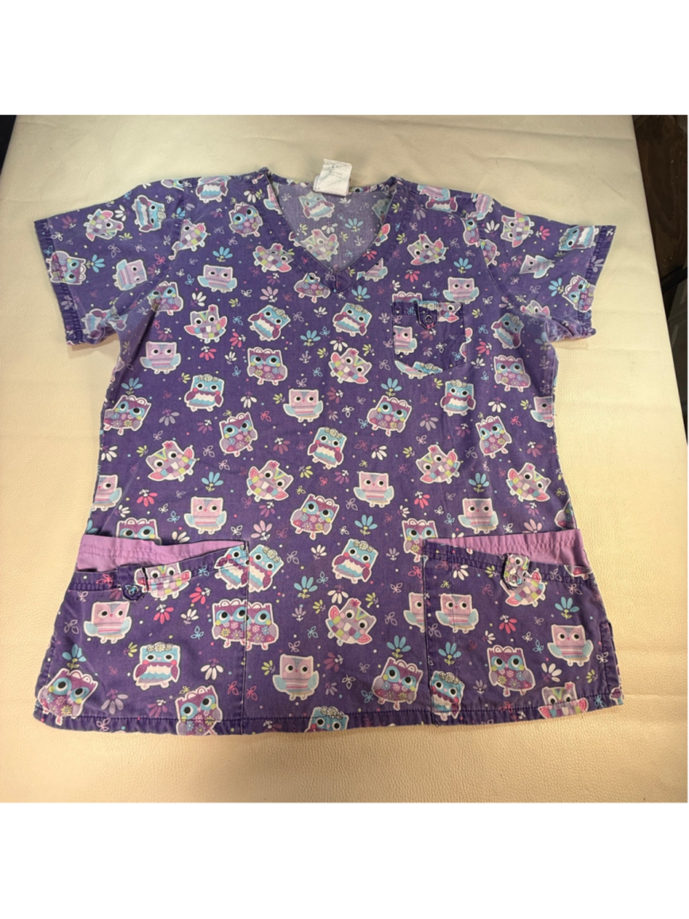 UA Scrubs Women’s Purple Owl Print V Neck Scrub Top Nurse Medical Uniform Pocket